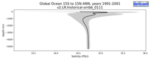Global Ocean 15S to 15N Salinity vs depth