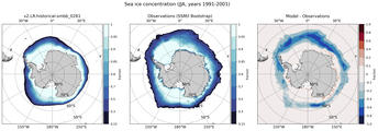 JJA Climatology Map of Southern-Hemisphere Sea-Ice Concentration. <br> Observations: SSM/I Bootstrap