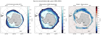 JJA Climatology Map of Southern-Hemisphere Sea-Ice Concentration. <br> Observations: SSM/I Bootstrap