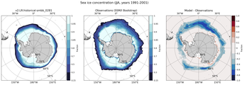 JJA Climatology Map of Southern-Hemisphere Sea-Ice Concentration. <br> Observations: SSM/I Bootstrap