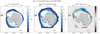 JJA Climatology Map of Southern-Hemisphere Sea-Ice Concentration. <br> Observations: SSM/I Bootstrap