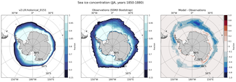 JJA Climatology Map of Southern-Hemisphere Sea-Ice Concentration. <br> Observations: SSM/I Bootstrap