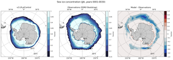 JJA Climatology Map of Southern-Hemisphere Sea-Ice Concentration. <br> Observations: SSM/I Bootstrap