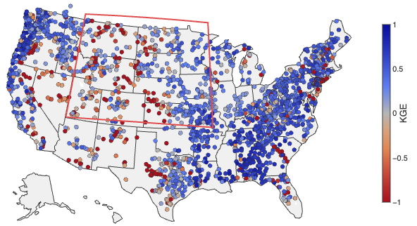 Map of about 2,300 stream gauges across CONUS coloured by streamflow skill (KGE)